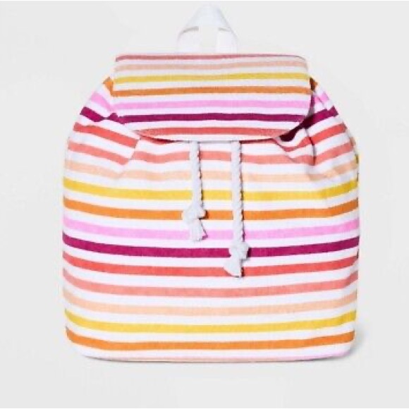 Boho Sunset Rainbow Striped Terrycloth Bucket Style Bag Backpack Rope Drawstring - Picture 2 of 13